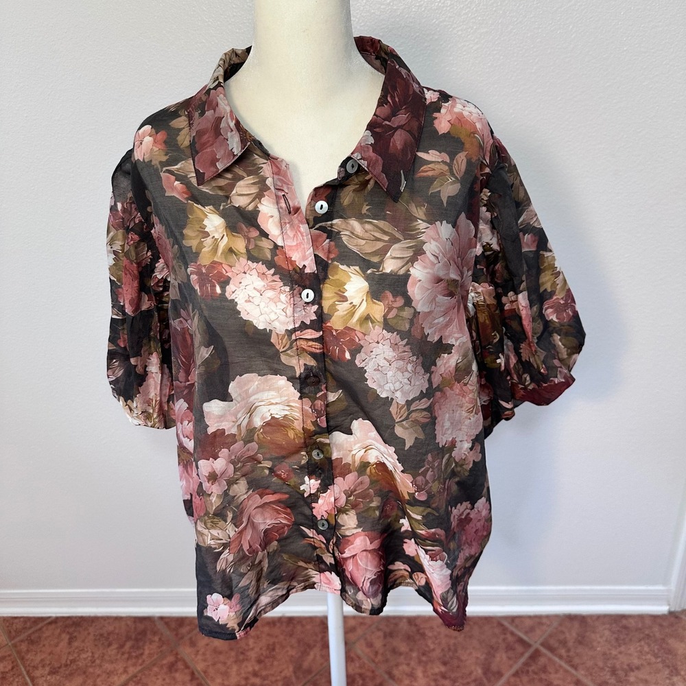 Bailey/44 Romantic Sheer Dark Floral Button Down Top Women XL Black Pink